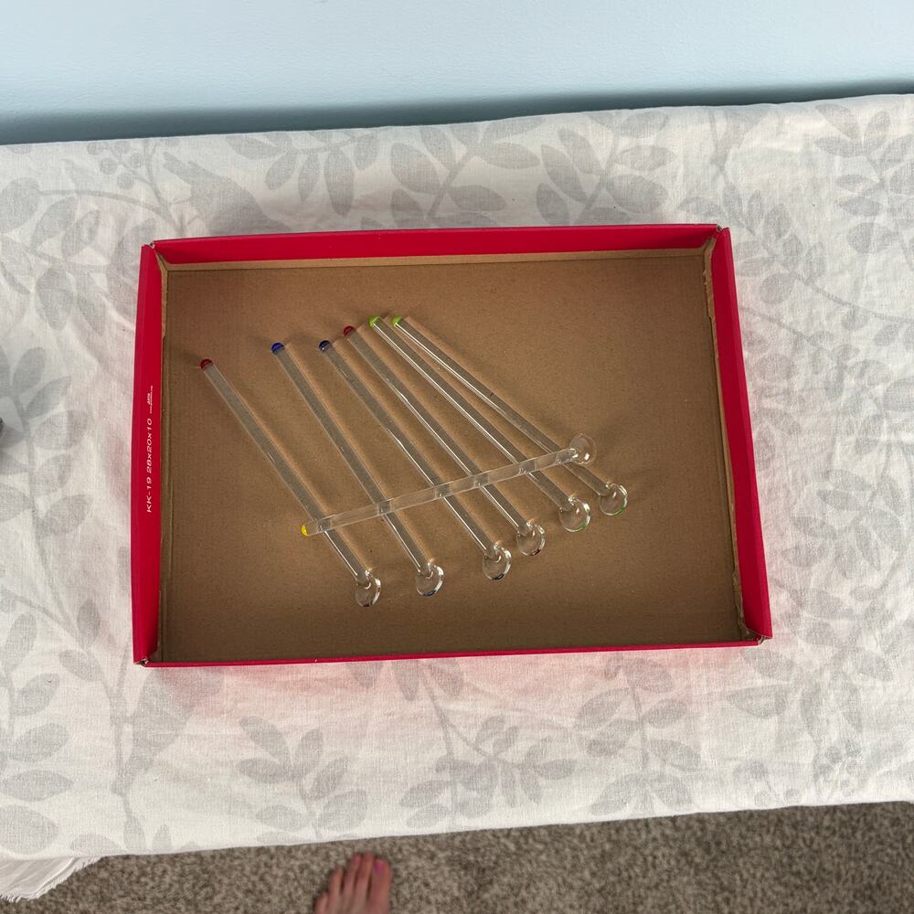 1960s Glass Cocktail Swizzle Sticks, Set of 7 Colored Glass Tip Drink Stirrers